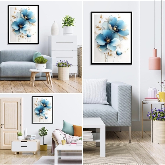 Blue Flowers With Gold Accents 5D Diamond Painting Kit New - Picture 2 of 7